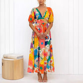Avenna - Women's Vibrant Maxi Dress with Puff Sleeves
